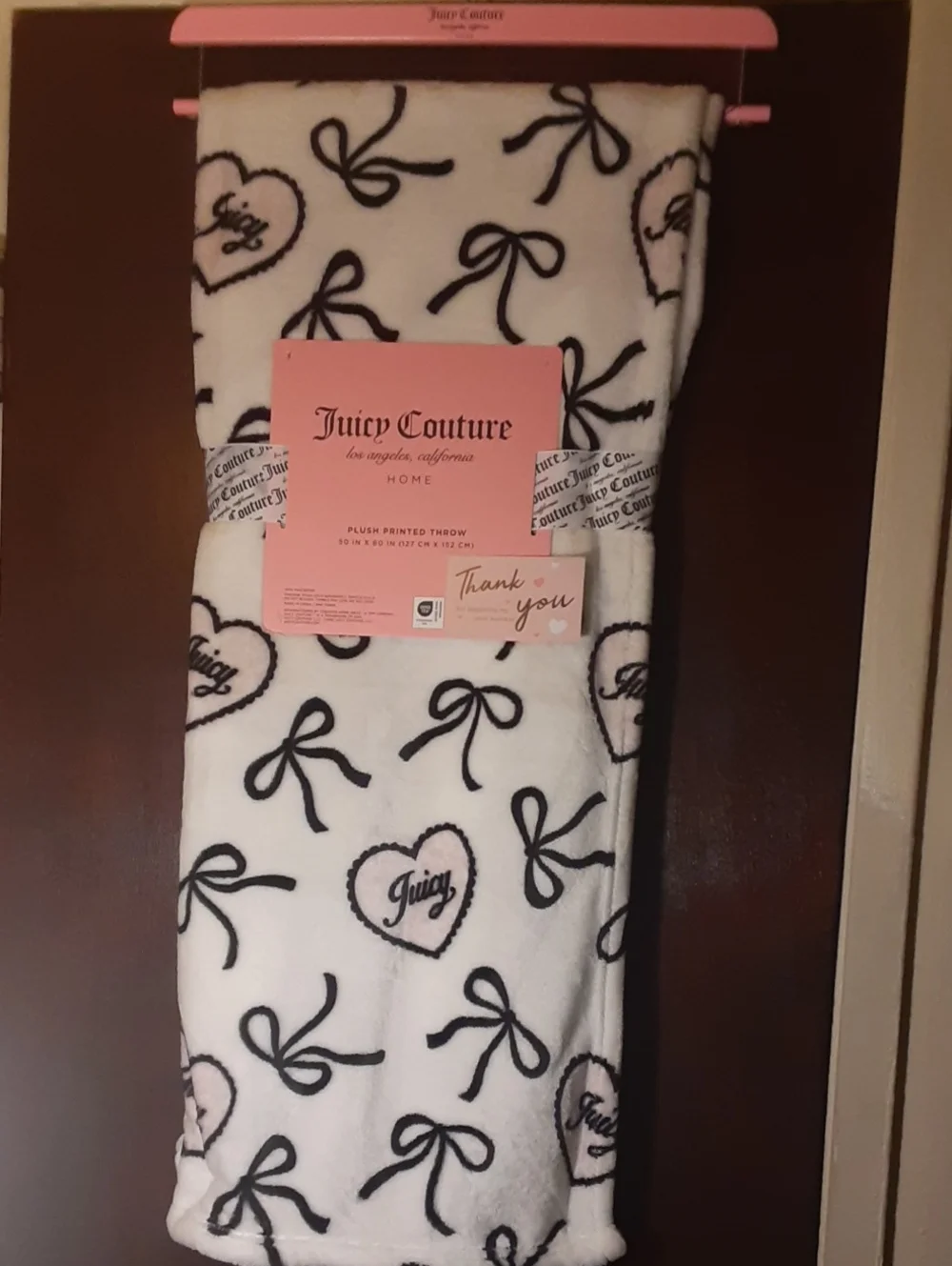Juicy Couture White Plush Throw with Black Bows & Light Pink Hearts